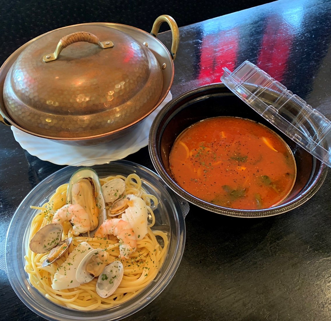 人気のスープスパゲティセットお得にテイクアウト（1300円（税込））カワサキフードサービス